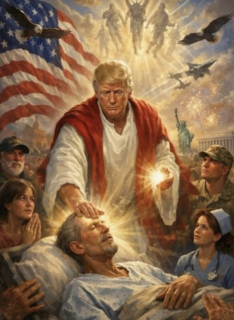 Trump har brug for sin loyale støtte af kristne vælgere op til midtvejsvalget, men mange af disse reagerede med afsky og anklager om blasfemi, da præsidenten bragte dette billede på sit sociale medie, Truth Social. ˇelv mente præsidenten, at det forestillede ham som en "helende læge fra Røde Kors". Foto: Truth Social.