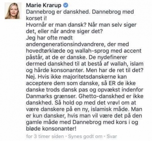 Dansk Folkepartis Marie Krarups Facebookopdatering om danskhed