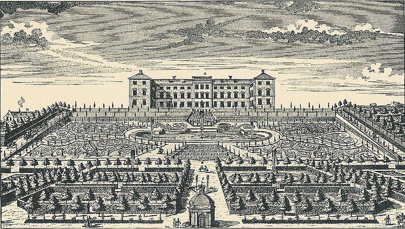 Frederiksberg Slot og Have 1718. Efter stik af I.A. Corvinus efter C. Marselius' tegning. Det var dengang haven endnu var præget af barokkens stramme linjer. Foto af Sadhiyama fra Wikipedia.