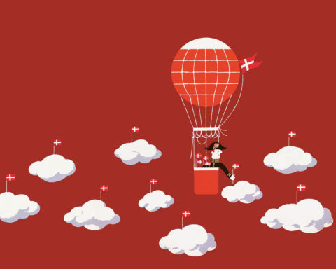 Plakat, der viser en luftballonkaptajn, der flyver afsted og sætter Dannebrog i skyerne.
