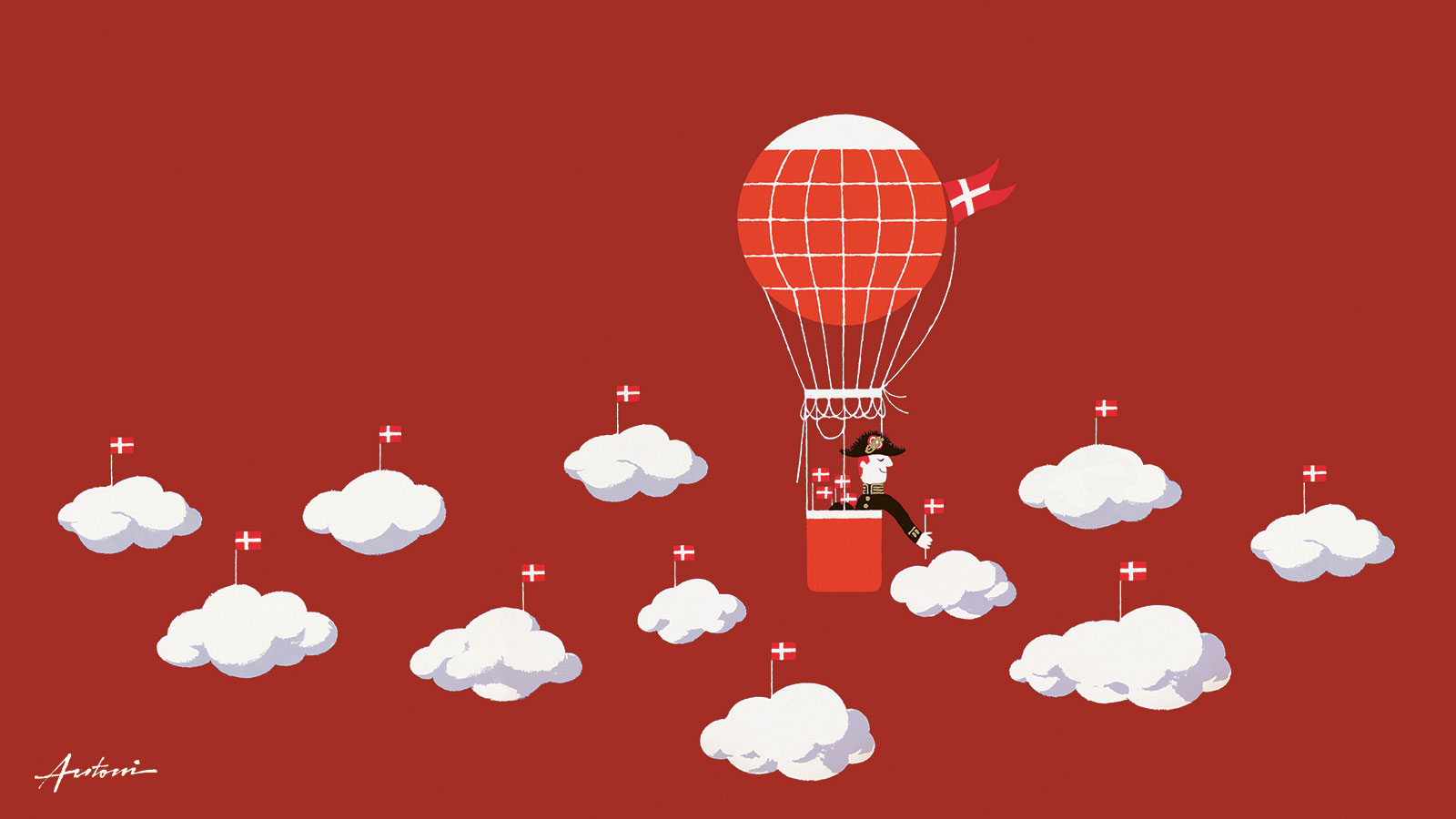 Plakat, der viser en luftballonkaptajn, der flyver afsted og sætter Dannebrog i skyerne.