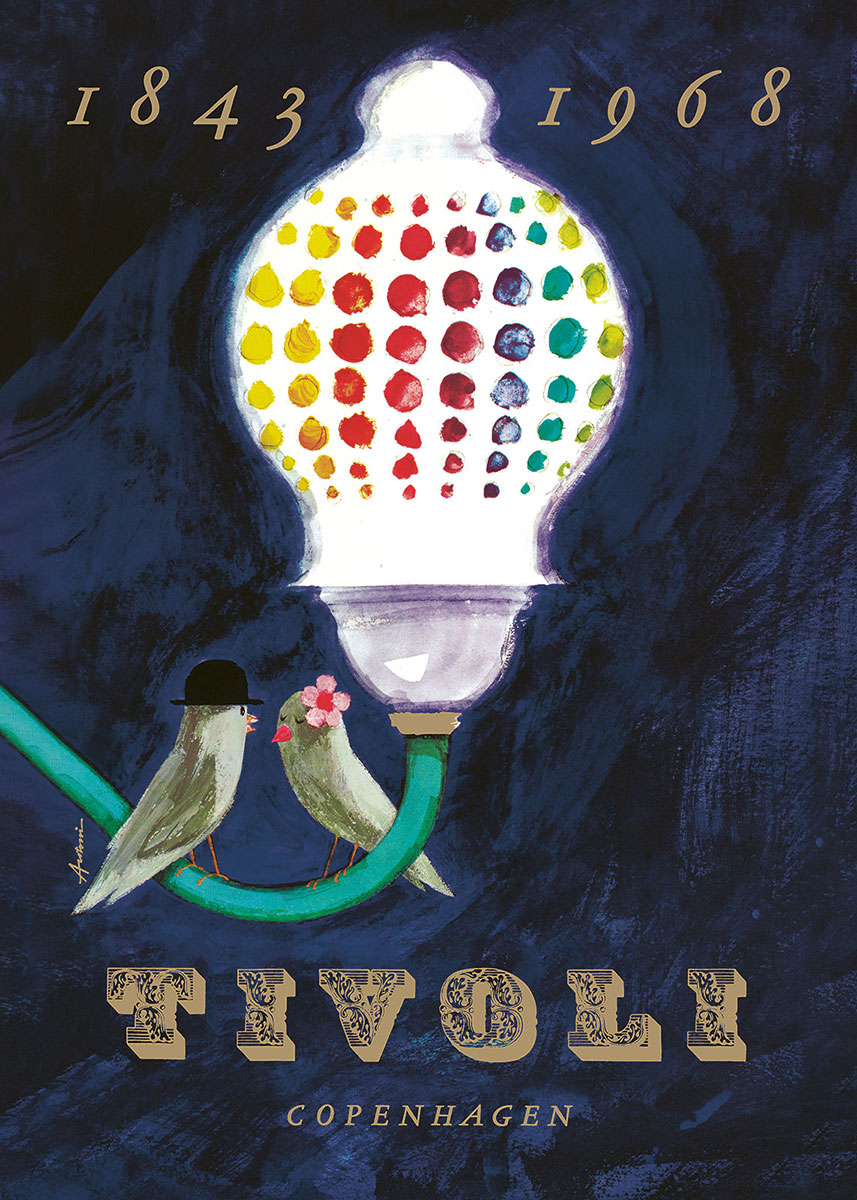 Tivoli-plakat af kulørt lampe med to små fugle, pyntet med hat og blomst, designet af Ib Antoni for Tivoli.