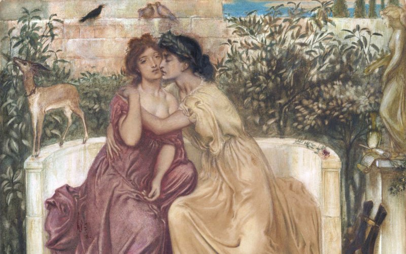 Sapho og Erinna i have på Mytilos, malet af Simeon Solomon (1864). Foto: Wiki