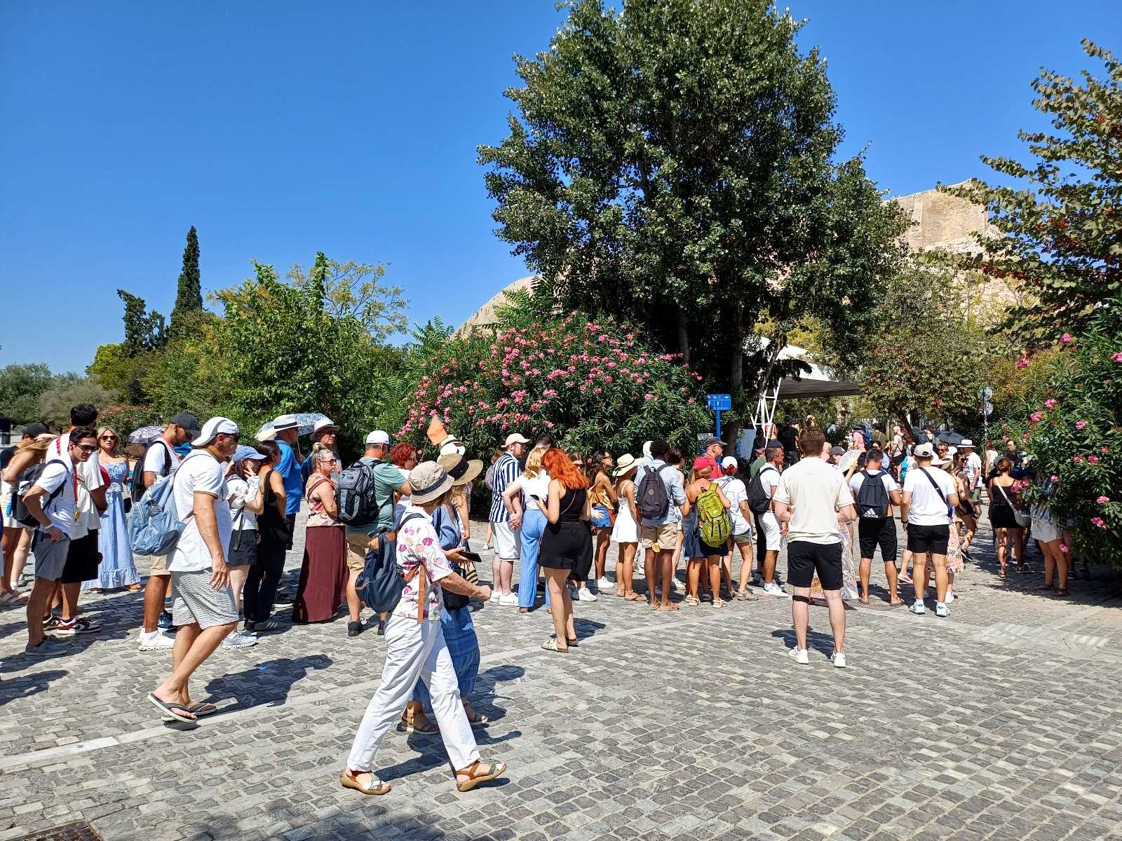 Foto af en lang kø af turister ved Akropolis i Grækenland. 