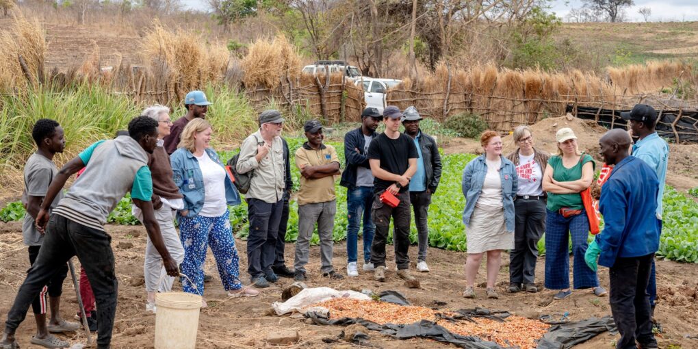 Gruppen af besøgende sammen med zimbabwere lytter til en person, der fortæller om tørkeresistent landbrug i en landsby i Zimbabwe.