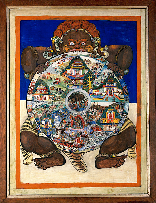 Buddhas Livshjul med slangen, grisen og hanen i midten