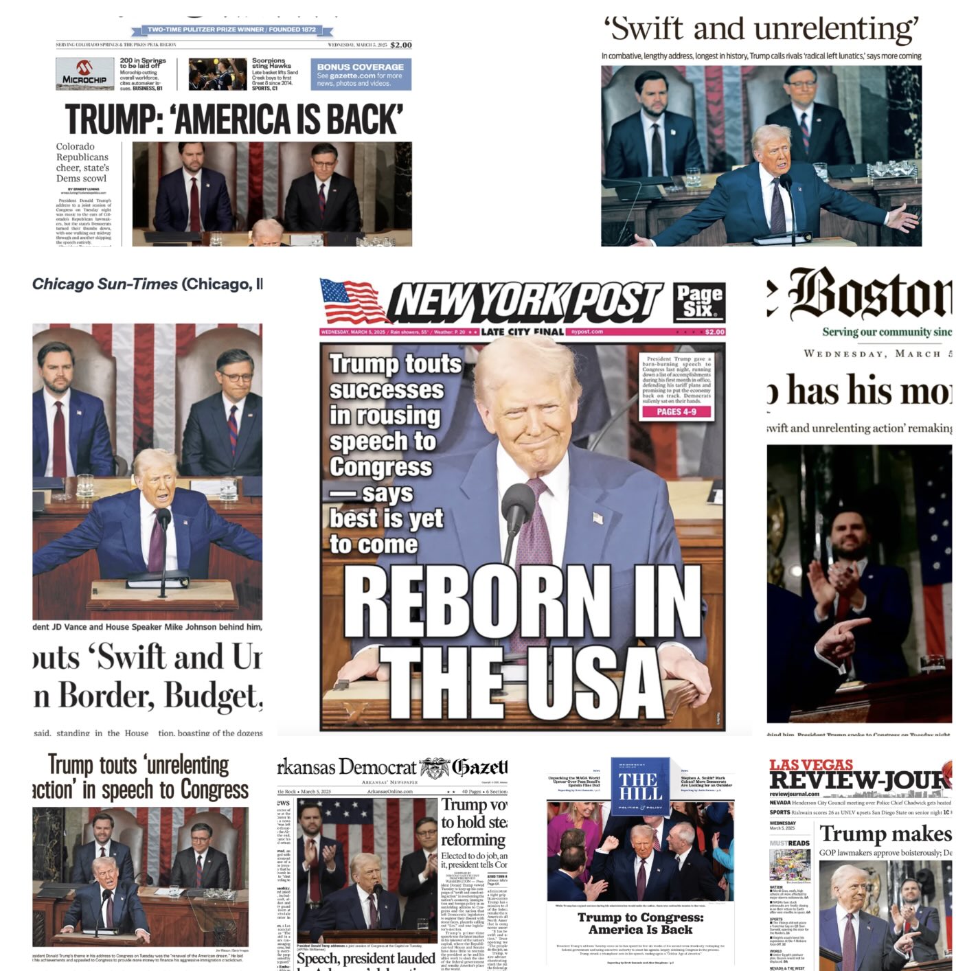 Trumps tale til den fælles samling i Kongressen 4. marts 2025 ryddede forsiderne i de amerikanske aviser. Fotos: Det Hvide Hus.