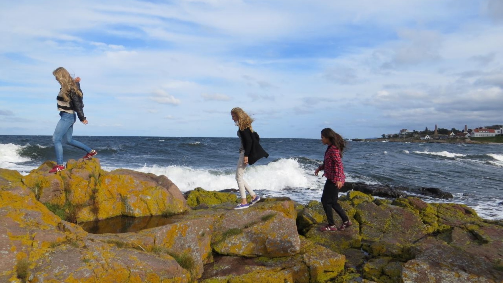 Foto af børn ved havet i gang med at lære udenfor klasseværelset.