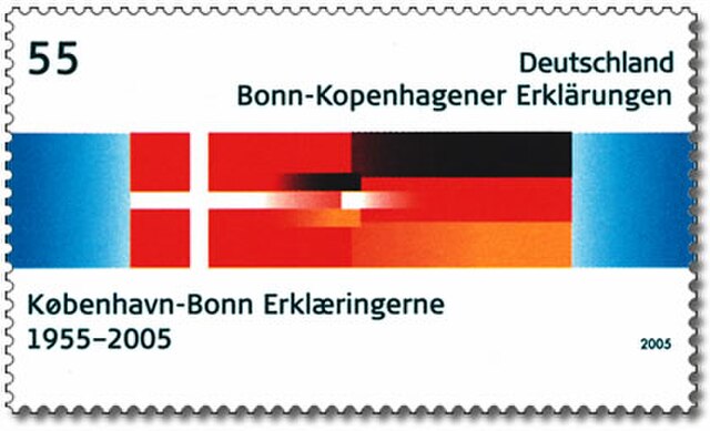 Foto af frimærke, der fejrer 50-året for erklæringerne, der fik stor betydning for det danske mindretal i Sydslesvig.