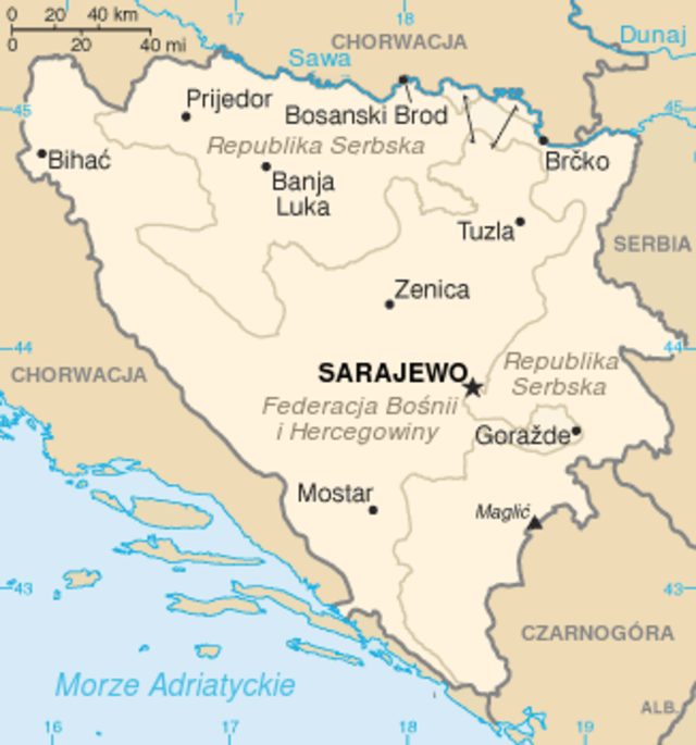 Kort over Bosnien-Hercegovina og omkringsliggende lande.