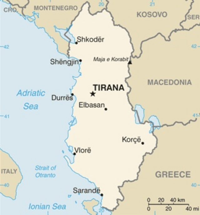 Kort over Albanien og nærliggende lande