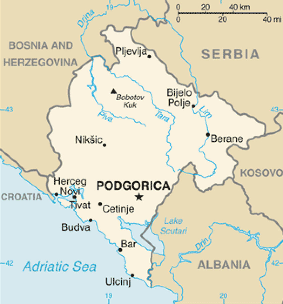 Landkort over Montenegro og nabolande