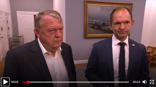 Udenrigsminister Lars Løkke Rasmussen og forsvarsminister Jeppe Bruus efter formiddagens møde i Udenrigspolitisk Nævn. Skærmbillede fra DRTV.